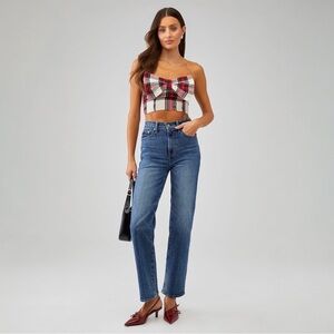 NWT Show Me Your MuMu Red Plaid Bow Top Strapless Bandeau Crop Top Small
